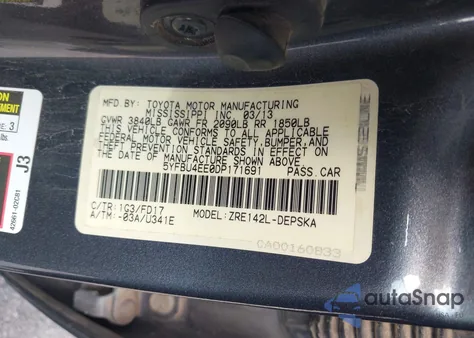 2013 Toyota Corolla S z USA, uszkodzony, nr VIN 5YFBU4EE0DP171691